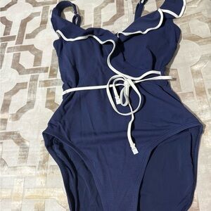 Navy Blue One-Piece Swimsuit with White Trim
